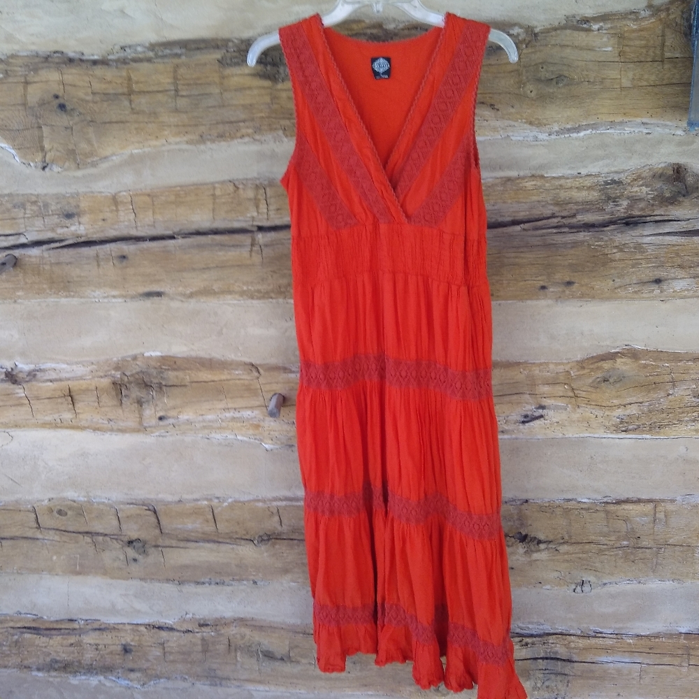 Cal Style Orange Tiered V Neck Cotton Maxi Dress Size Medium